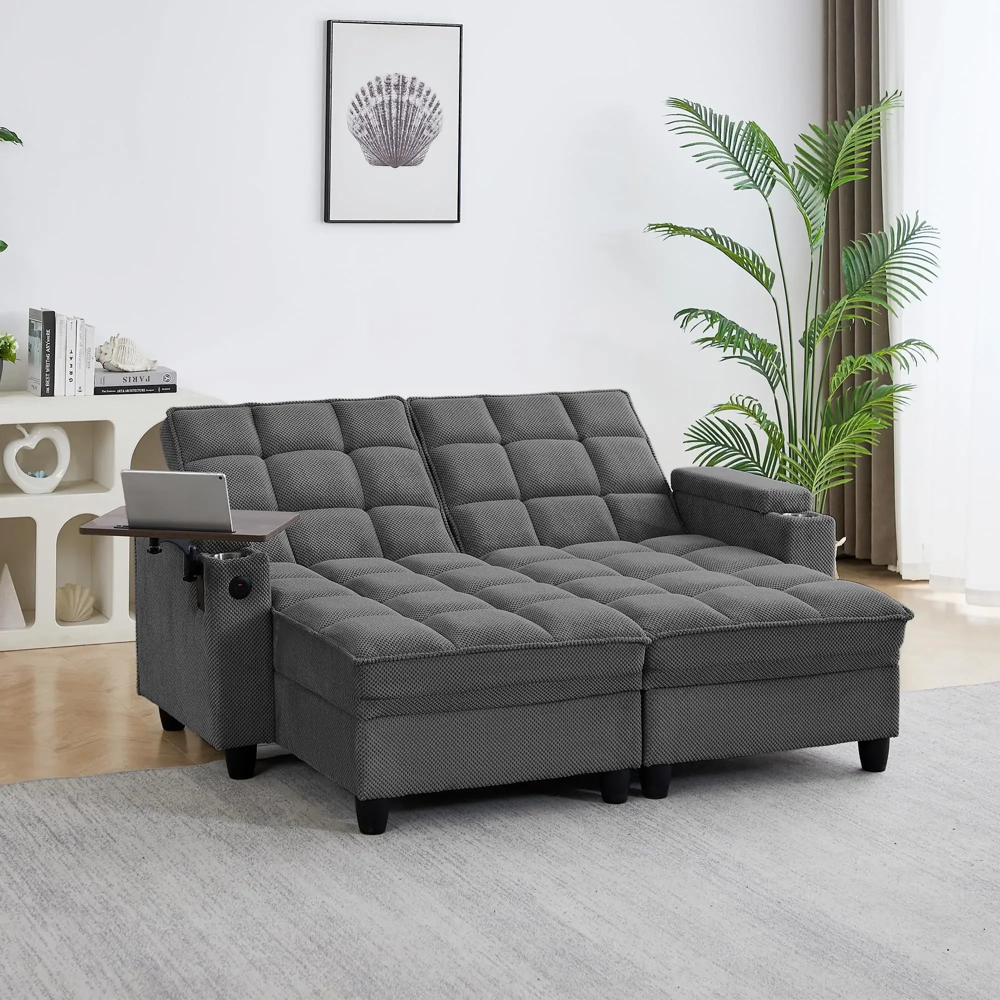 65'' 3-in-1 Folding, Pullout, Convertible Sofa Bed, 360° Swivel Side Table