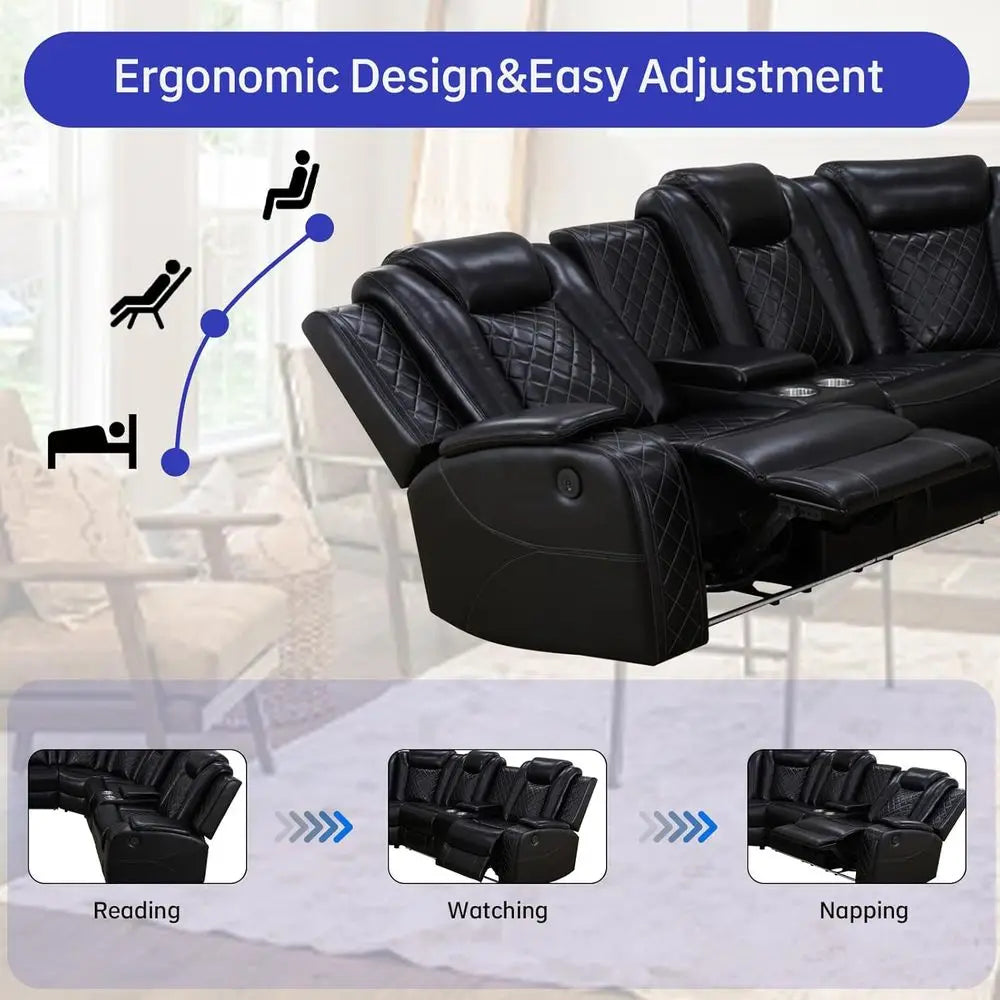 Leather Reclining Sectional Sofa LED Lights, Cup Holders, Storage