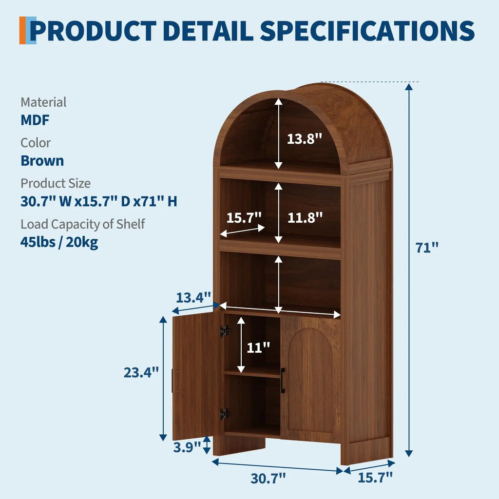 71IN Arched Bookcase 5-Tier Storage Doors Open Shelves
