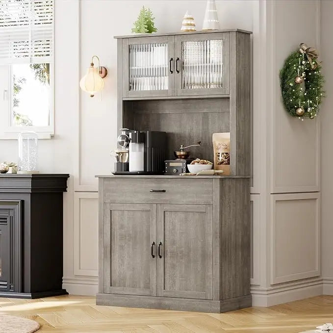 Pantry 71" Tall Buffet Glass Doors Hutch Storage Cabinet, Freestanding