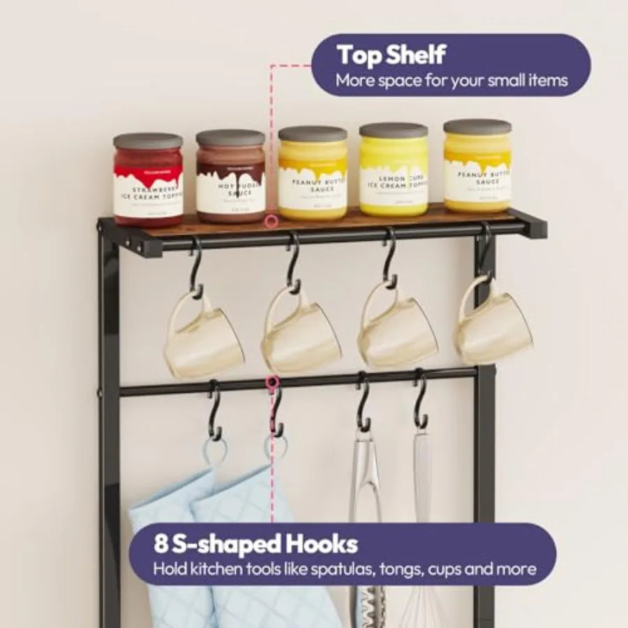 Baker's Rack Storage, Coffee Bar Cabinet, Shelves, Organizer 8 Hooks, Baskets