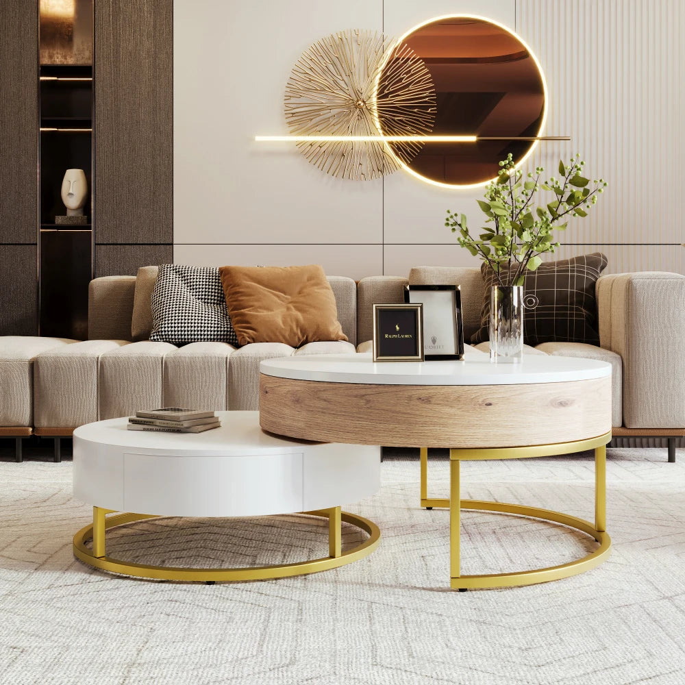 Height-adjustable Nesting Coffee Table Hydraulic Lift Function, Two Drawers