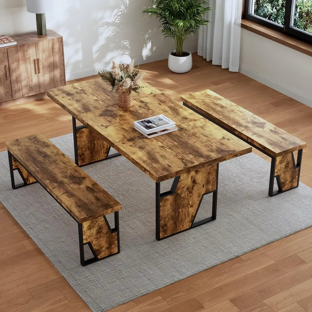 Wood Dining Table 2 Benches for 4-6 People, Thickened MDF