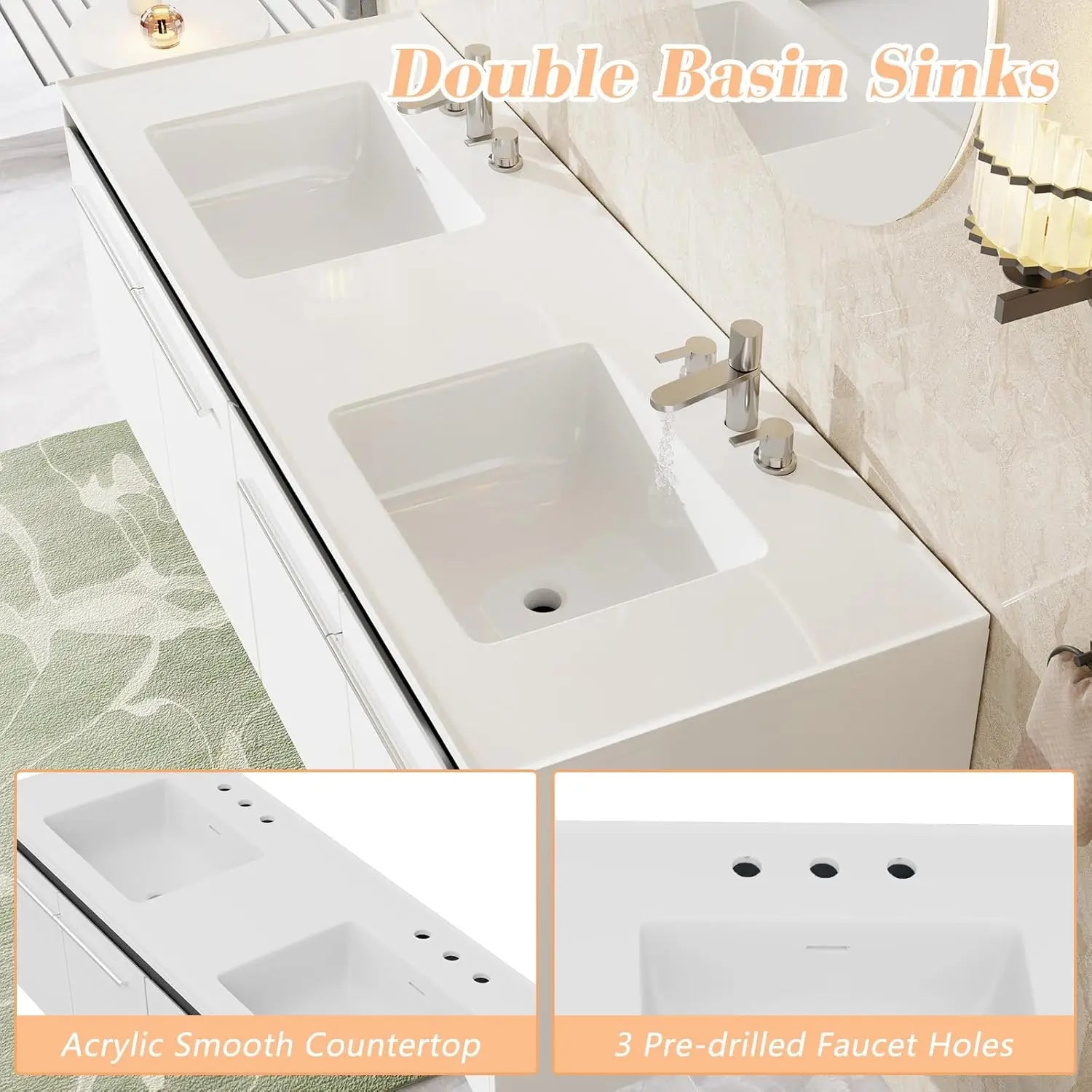 60" Floating LED Double Vanity/Cabinet-Soft Close, 3-Hole Sink,