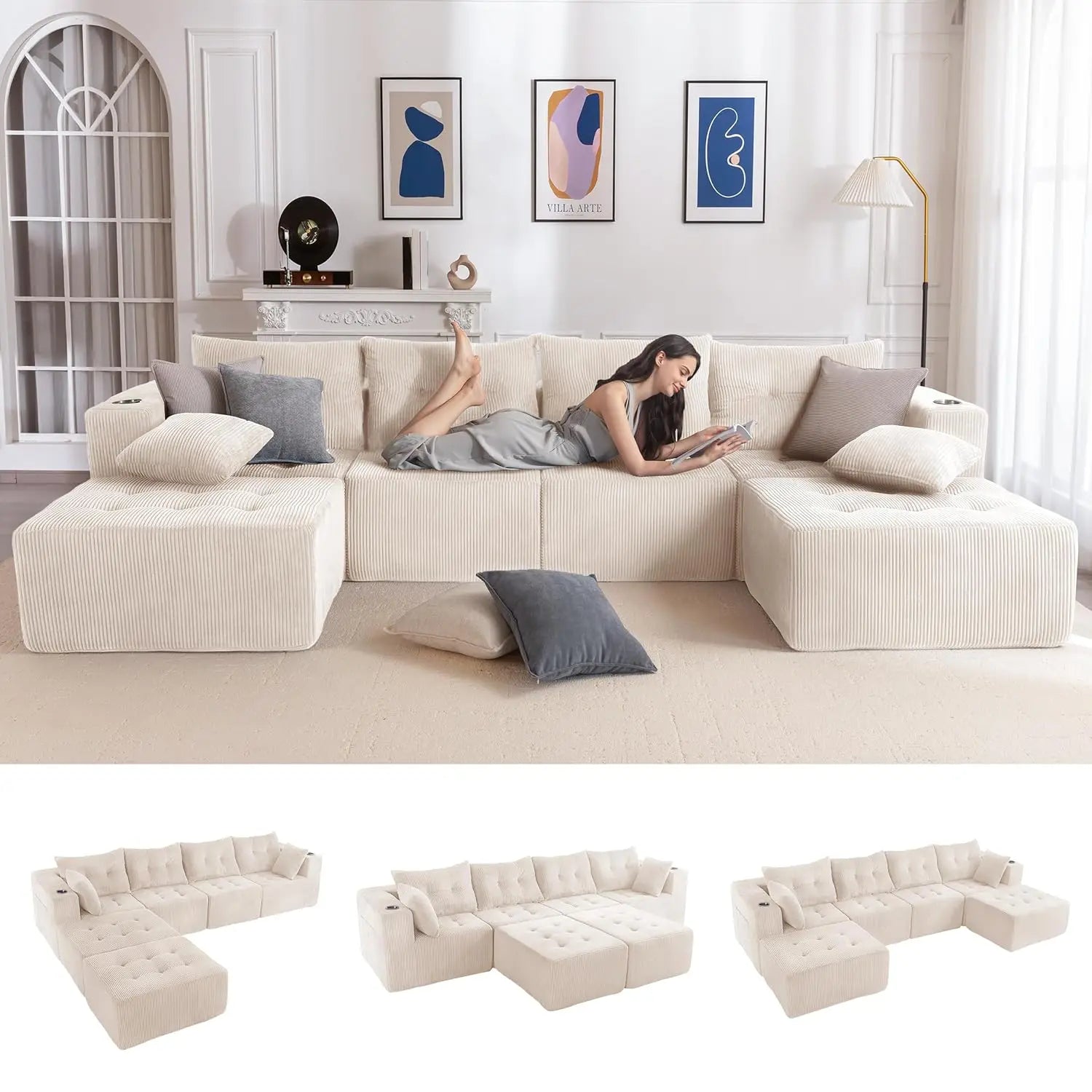 129.5" U Shaped Sectional, 2 Ottomans, Tufted Cloud 6 Seat Sleeper