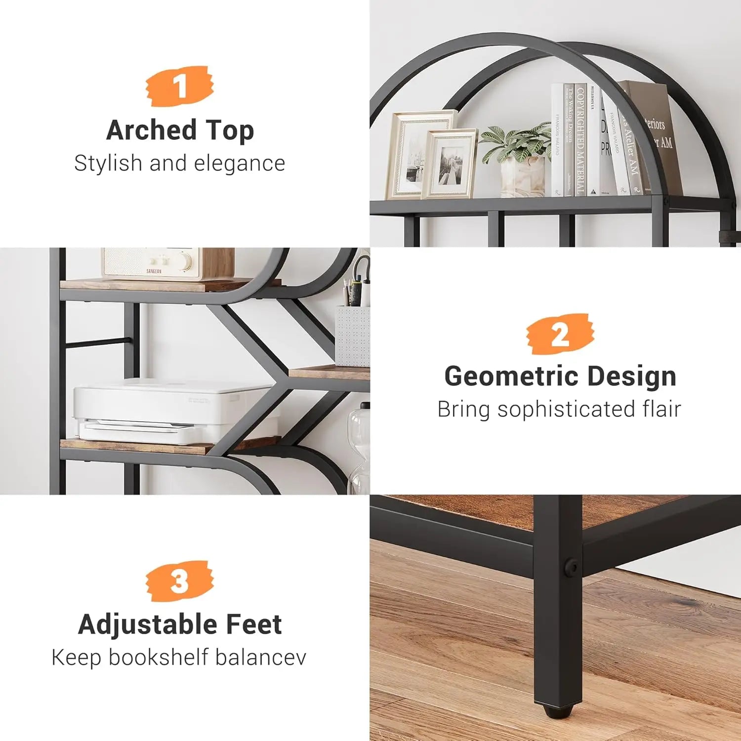 6-Tier Arched Bookcase 81.7in Tall, Geometric Large Open Shelves