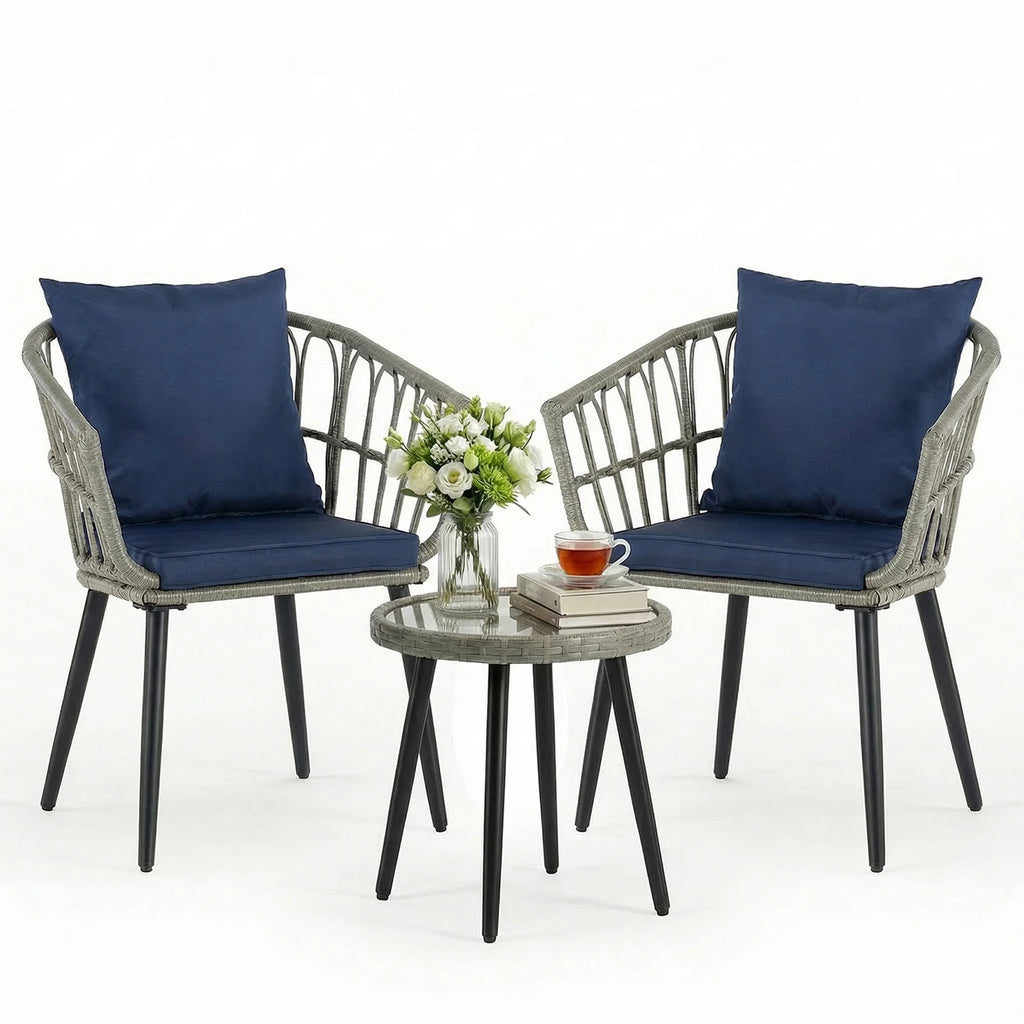 3 Pieces Wicker Set Soft Cushion Glass Steel Frame Table