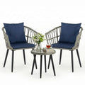 3 Pieces Wicker Set Soft Cushion Glass Steel Frame Table