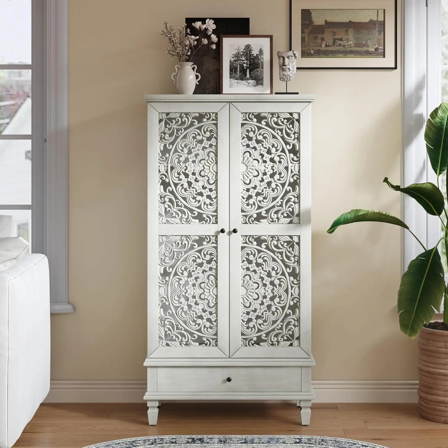 60" Blue Sideboard Buffet 4-Door Hollow Storage Shelf Vintage Console