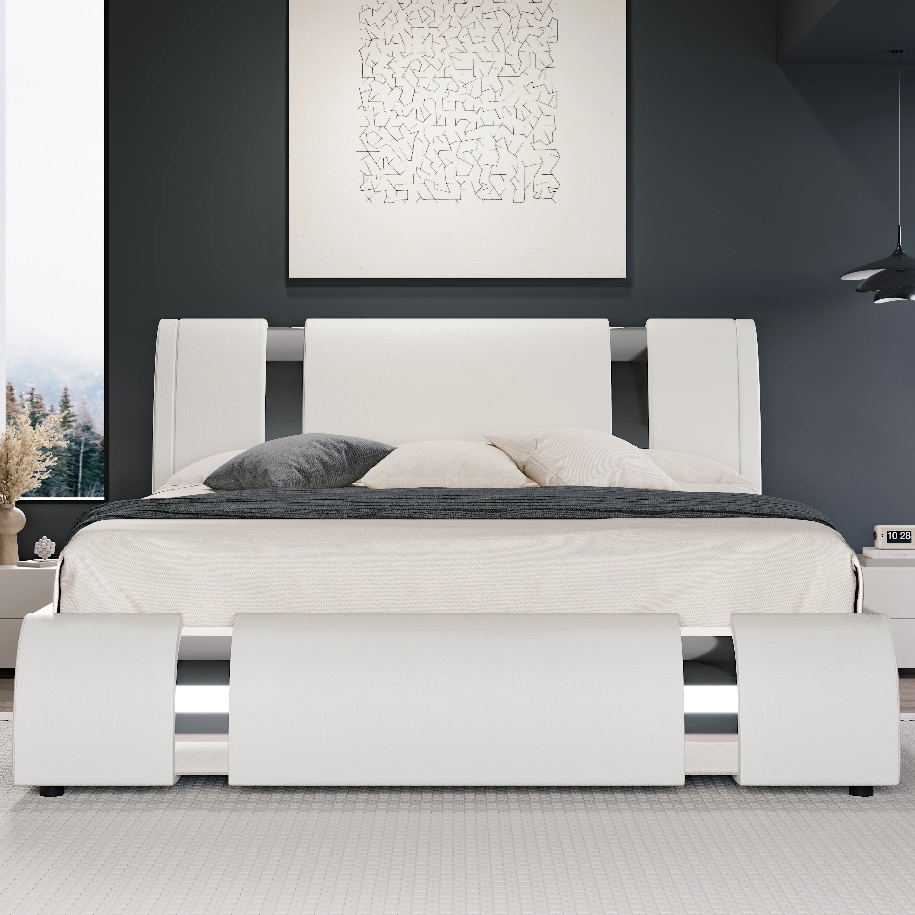 Faux Leather Low Profile Platform Bed Frame Height-Adjustable Headboard