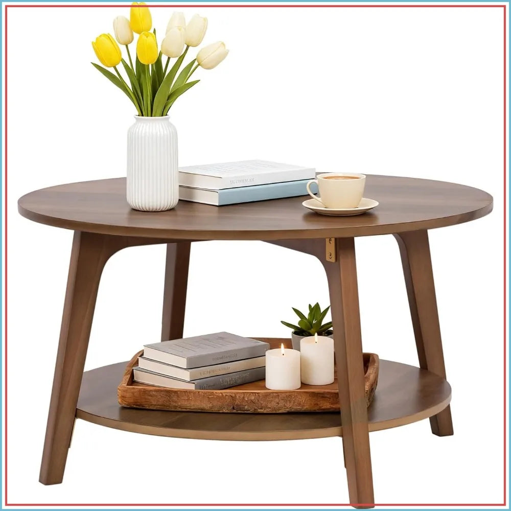 2-Tier Round Coffee Table, Storage, Sturdy MDF, Tapered Legs, Easy Assembly