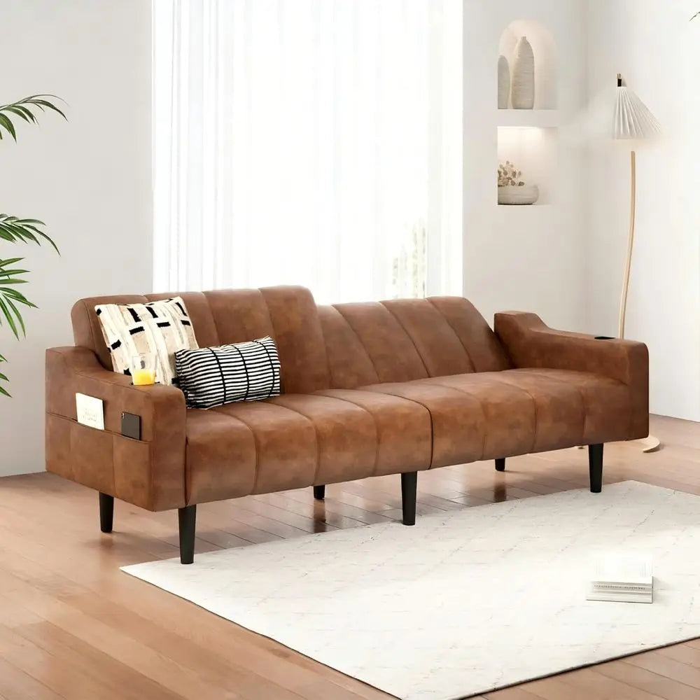 80IN Adjustable Leather Sleeper Sofa Bed, Chocolate Brown