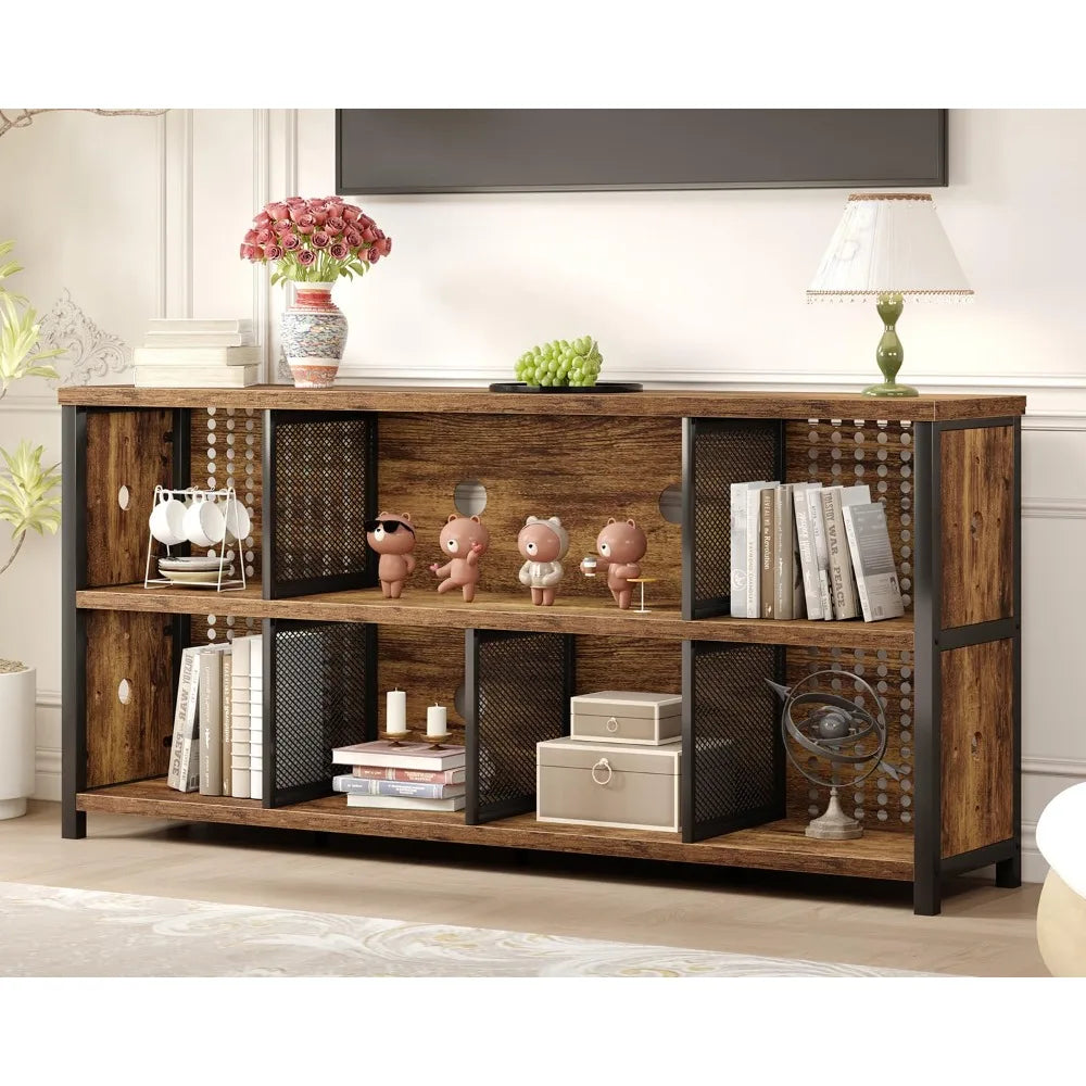 Rustic Horizontal Bookshelf, Industrial Large Wide Bookcase Cube Storage