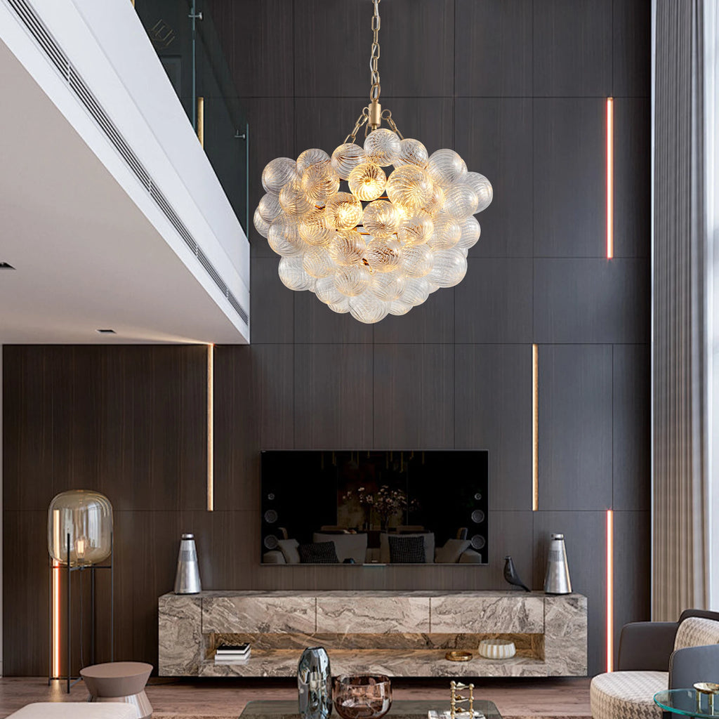 20" Gold Pendant Chandelier, Threaded Clear Glass Globe(No Bulbs)