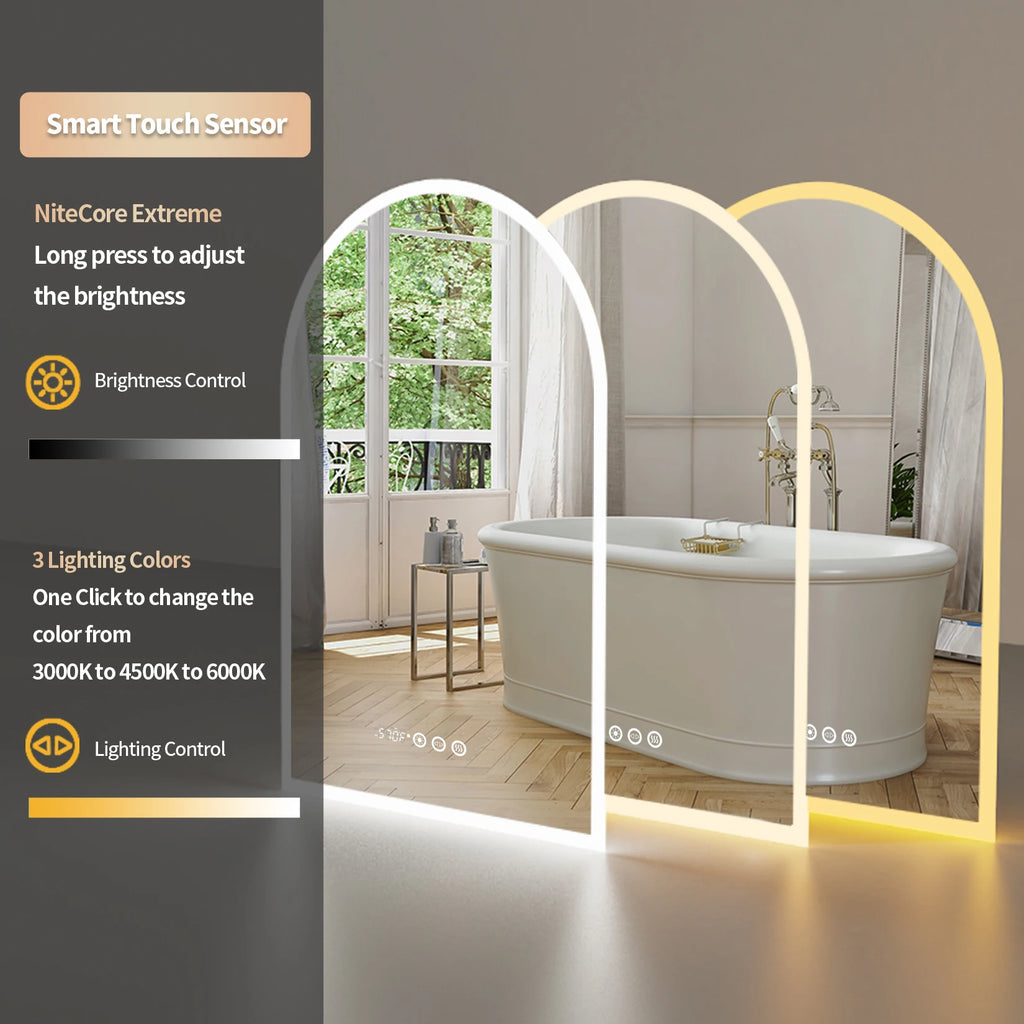 60x90CM Arched LED Mirror Backlit Frameless Antifog Time/Temperature Display