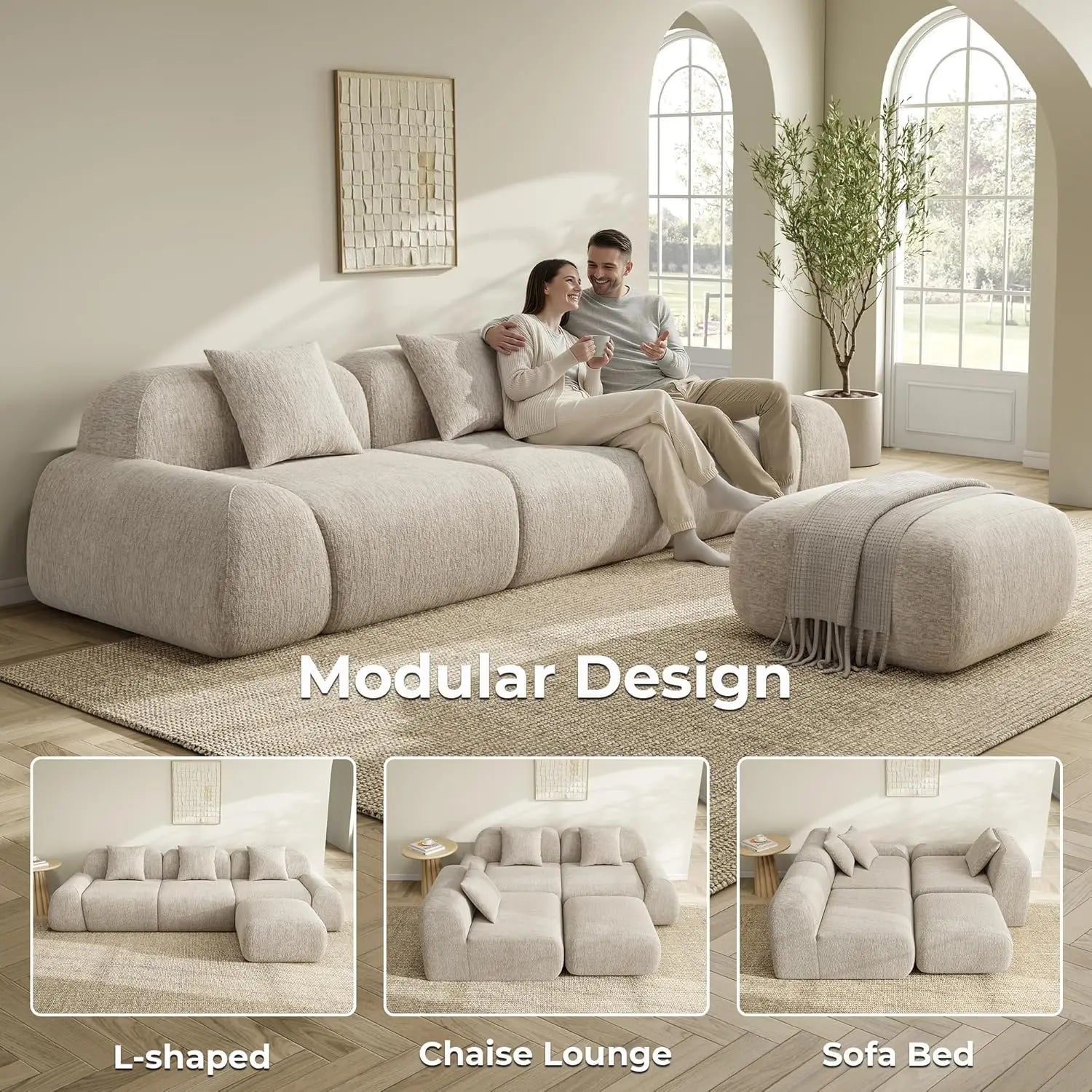 Modular Sectional Sofa Ottoman 110IN L-Shape Chenille Upholstery Deep Seat