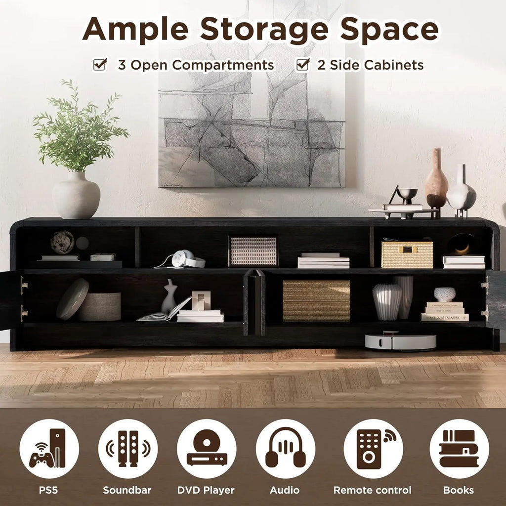 70IN Stand, Vertical Fluted Doors, 2 cabinets, 3 Open Compartments