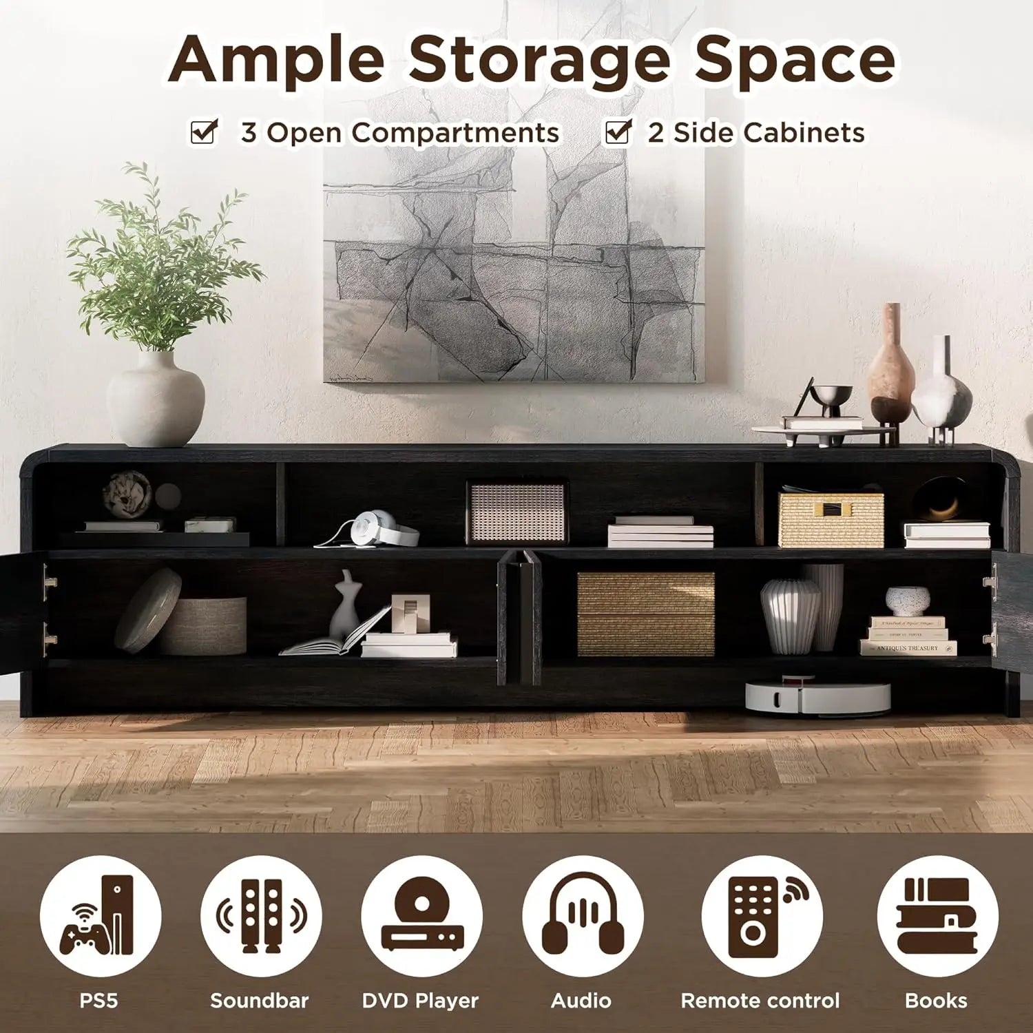 70IN Stand, Vertical Fluted Doors, 2 cabinets, 3 Open Compartments