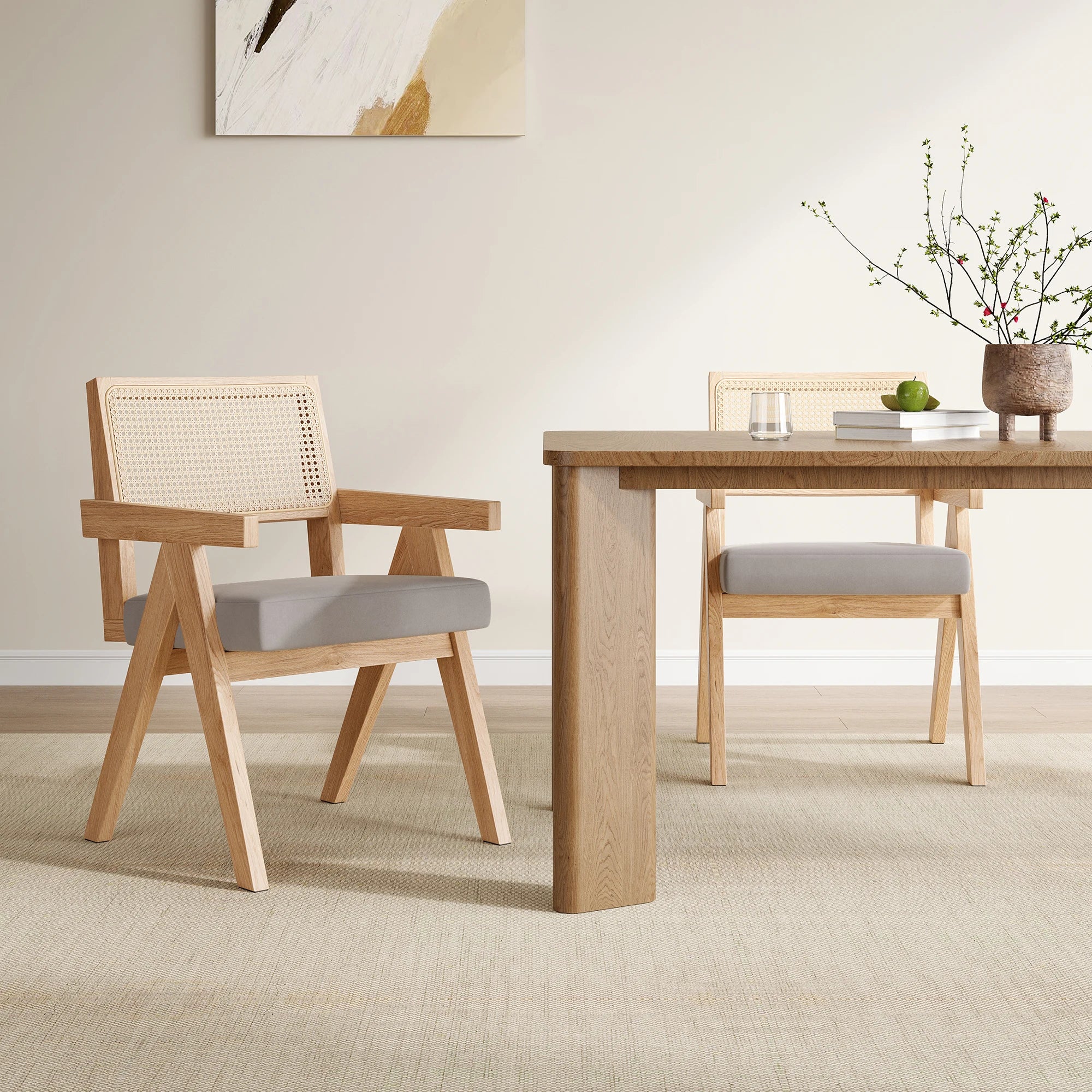 2 Rattan Chairs, Ash Wood Frame, Woven Rattan, Non-Slip Pads