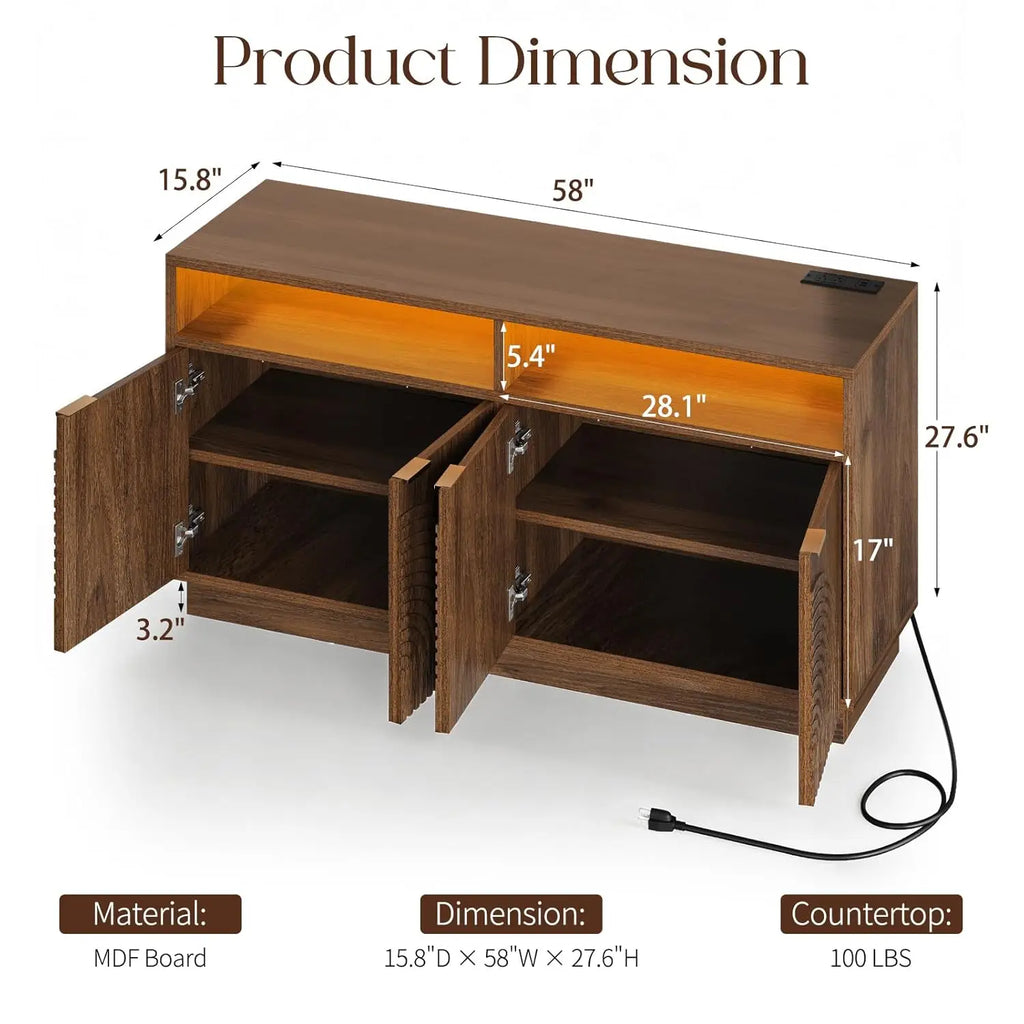 58" Fluted TV Stand, Power Outlet -  Entertainment Center with Storage