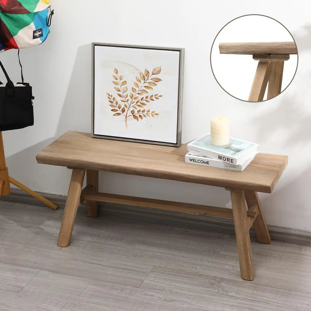 39" Farmhouse Wood Bench, Rustic Solid Wood Easy Assembly,  Natural