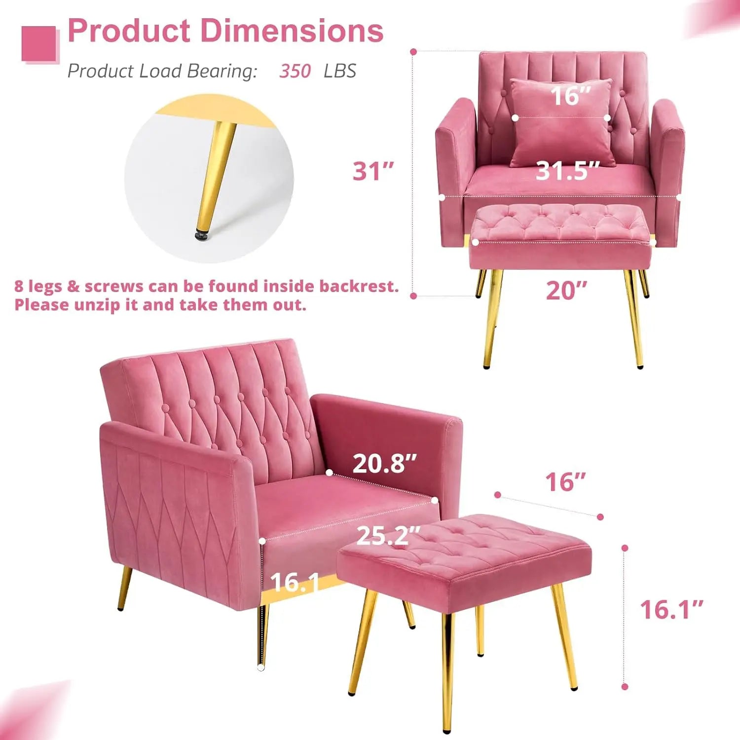 Velvet Recliner Chair Adjustable Armrests and Backrest, Button Tufted Chair