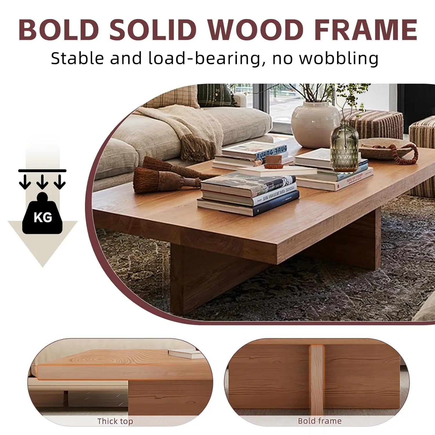 Coffee Table 2” Thick Tabletop, Solid Natural Wood Grain