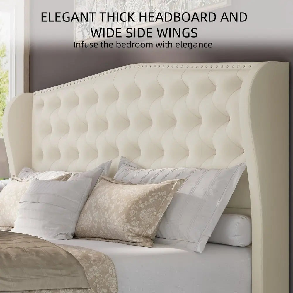 Queen Size Frame Velvet Beige Tufted/Deep Button Platform Wingback Headboard, Footboard