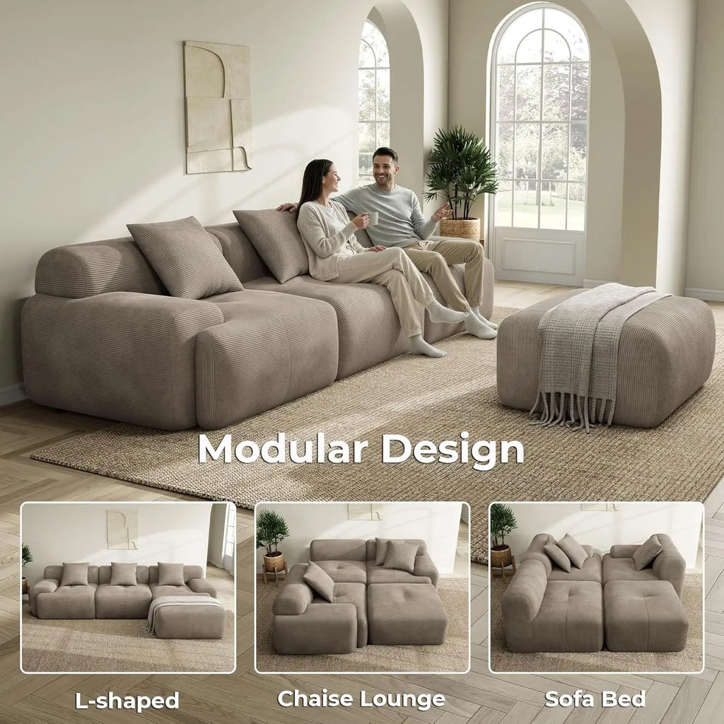 Sectional Sofa Ottoman 118"  L-Shaped Corduroy Deep Seat Oversized