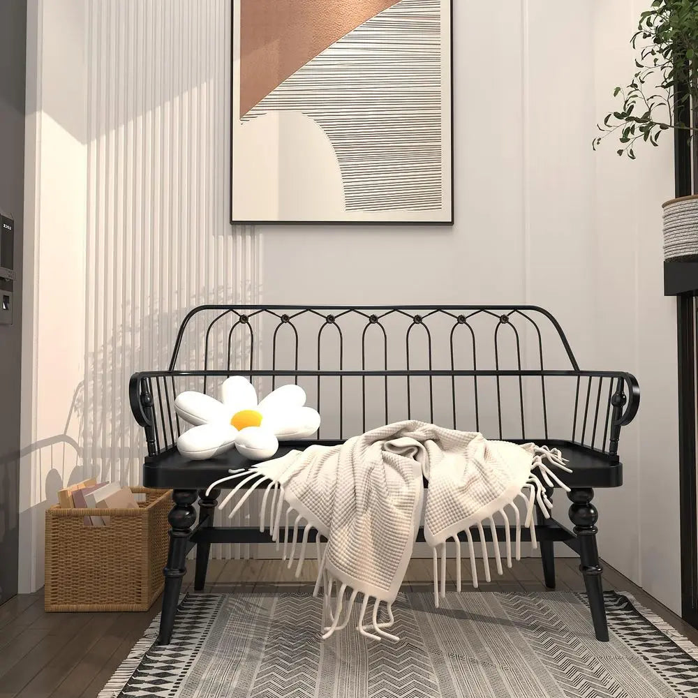 Spindle Back Wood Dining Bench, Armrest, Sculpted Legs
