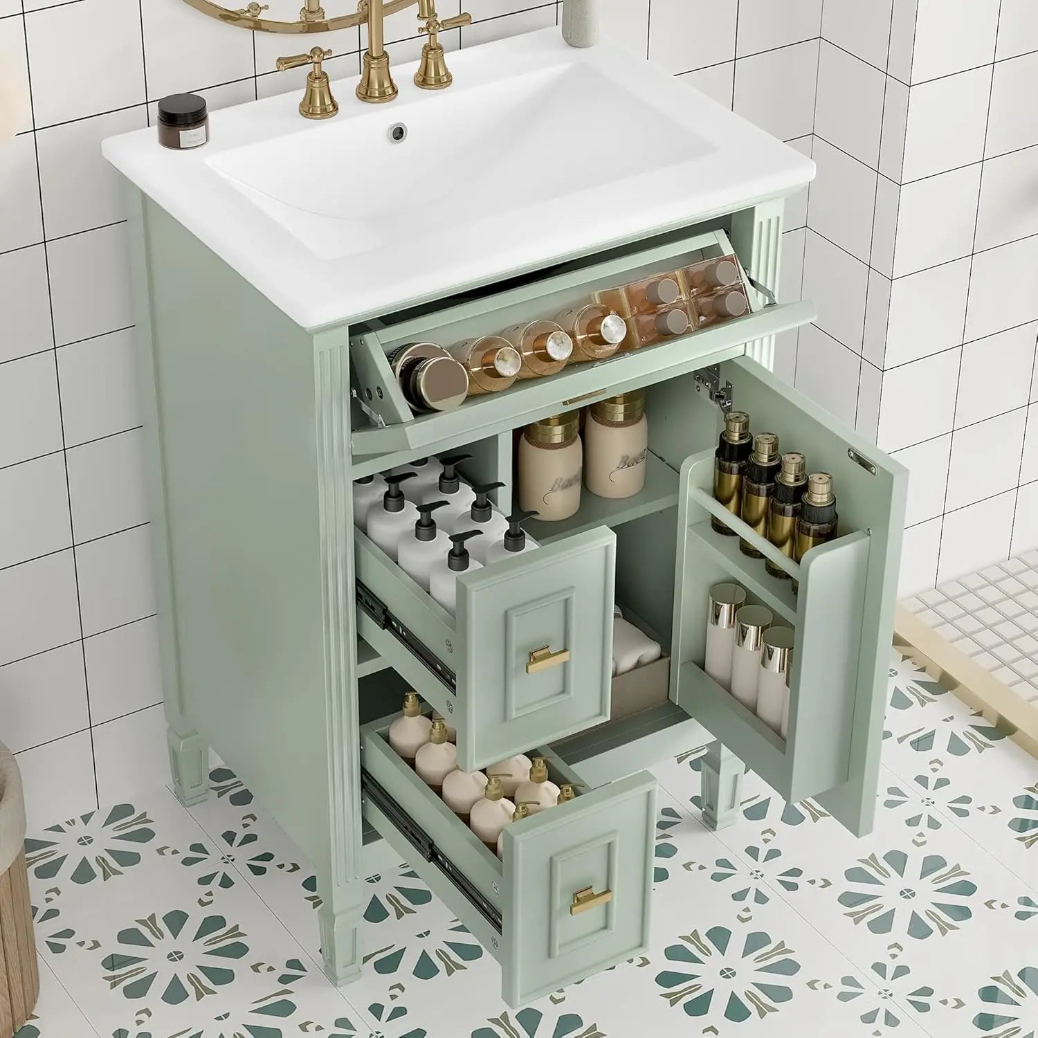 24-inch Vanity Flip Drawer Single Storage Cabinet 2 Drawers