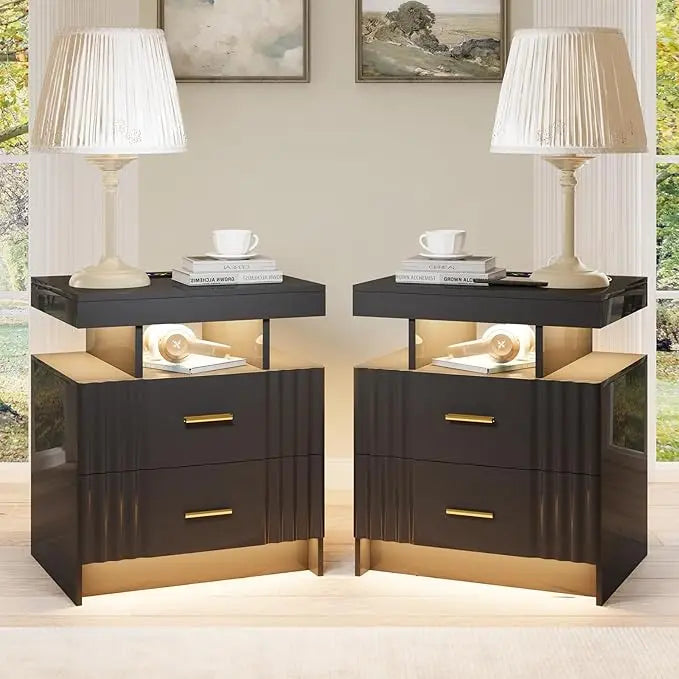 End Tables, Set-2 or Single, Charging Station 3 Drawers Glass Top