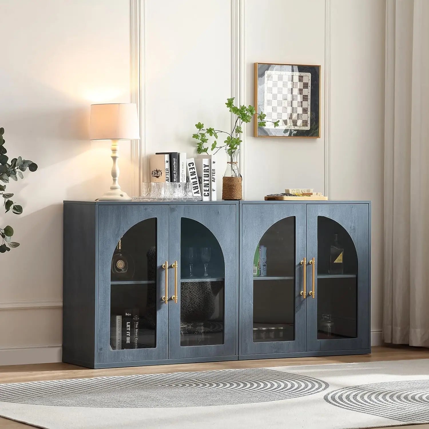 63" Set of 2 Small Buffet Cabinets Arched Glass Doors