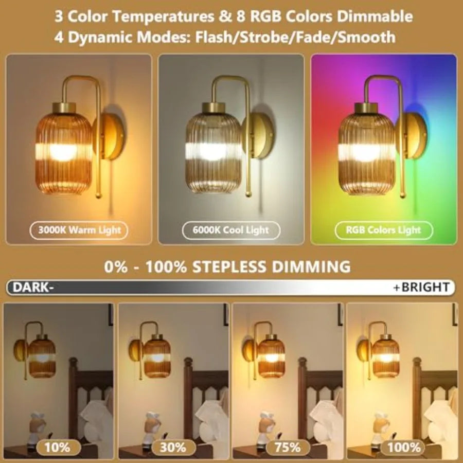 Gold Wireless Wall Sconces Battery Operated, Rechargeable Set-of-2 w/Remote and Bulb