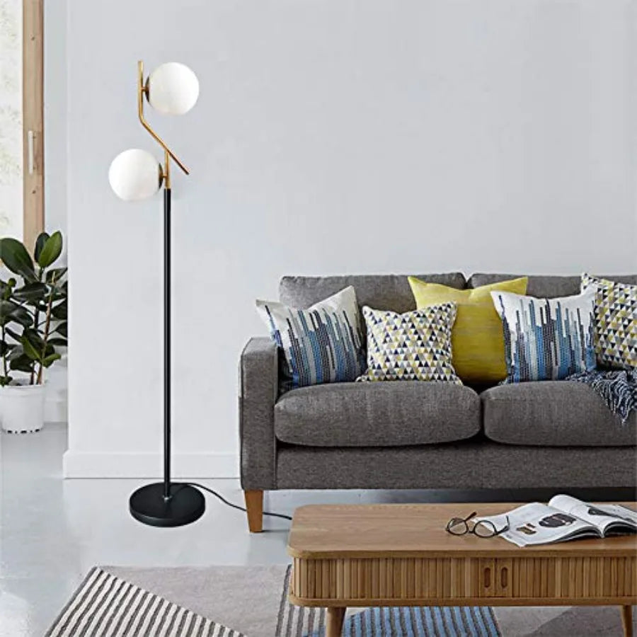 Two Milky White Glass Orbs Brass Finish Floor Lamp