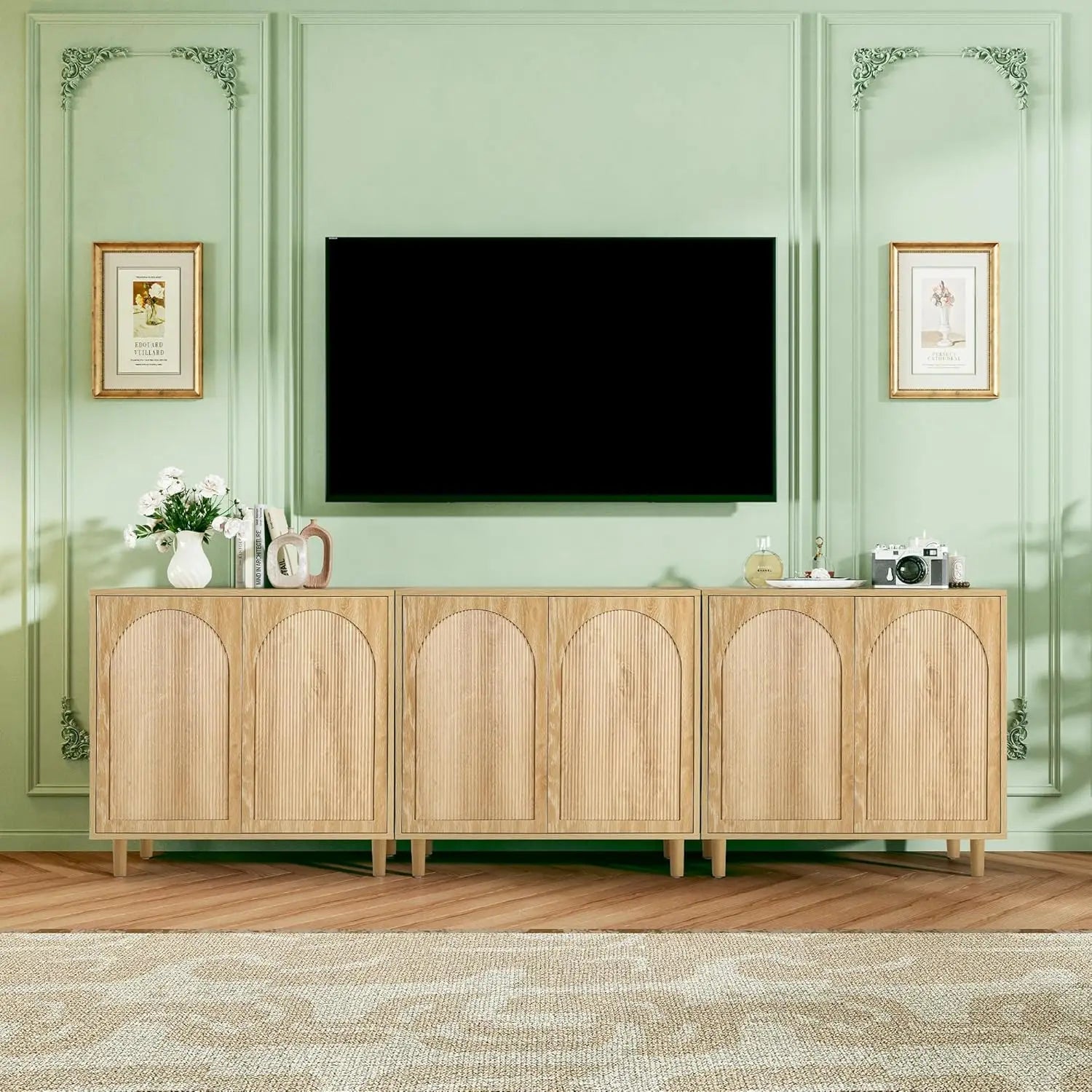 63" Fluted Buffet Cabinet Wood Arched Profile