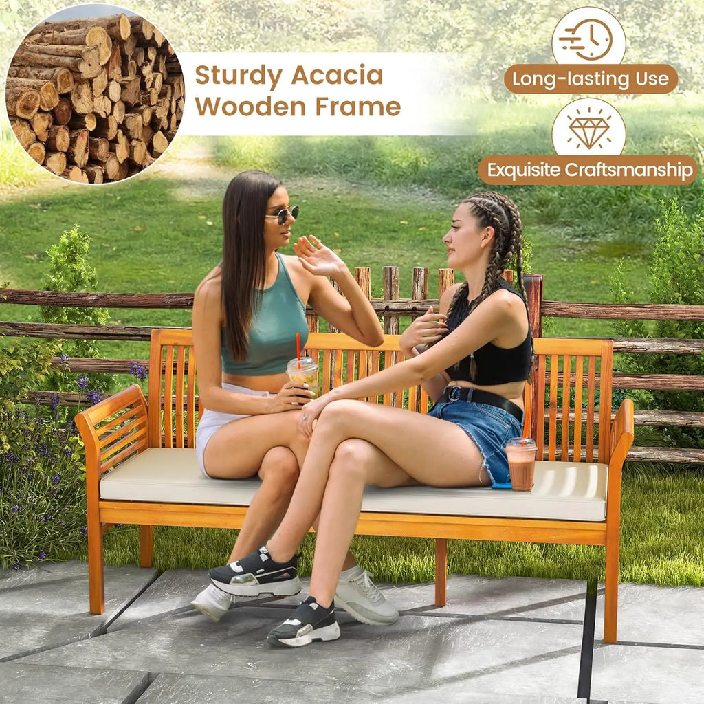 Wooden Indoor/Outdoor Bench, Cushion, Curved Armrest, Slatted Back 23x62.5x30.5