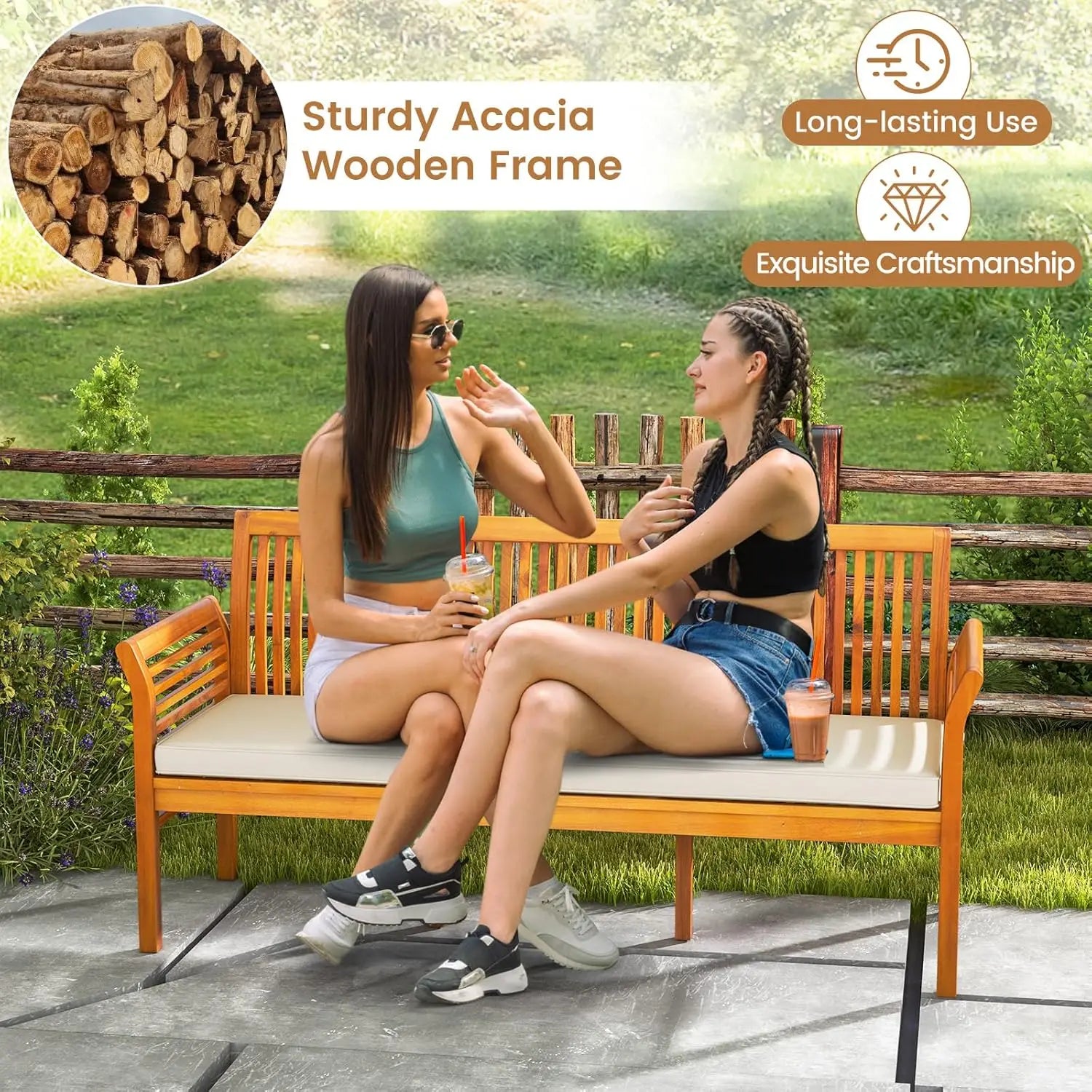 Wooden Indoor/Outdoor Bench, Cushion, Curved Armrest, Slatted Back 23x62.5x30.5