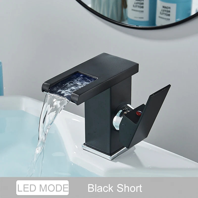 LED Color Changing Waterfall Faucet, Deck Mounted Hot/Cold Mixer Tap