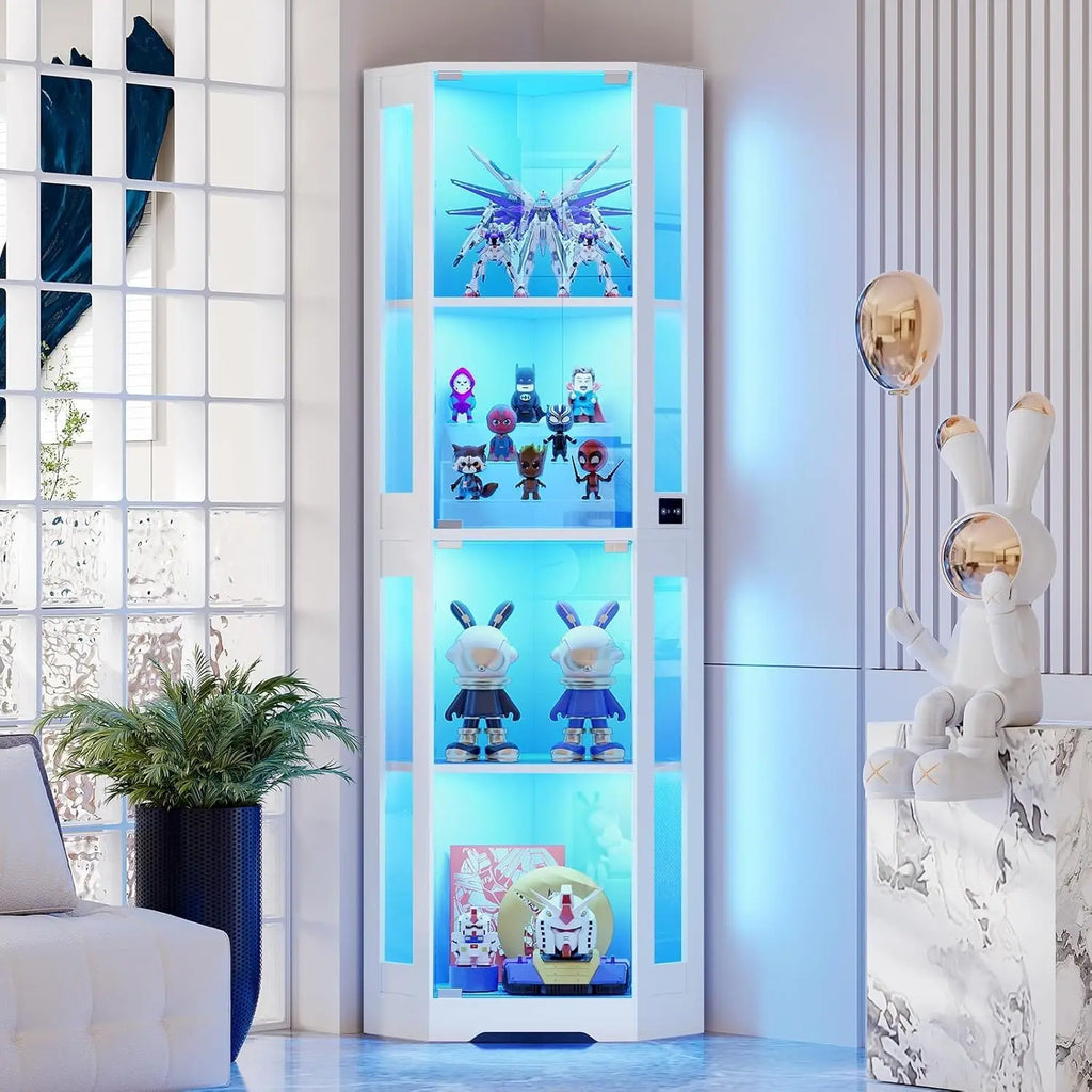 65" Corner Glass Display, LED Lights, 4-Tier, Glass Doors & Human Body Sensor