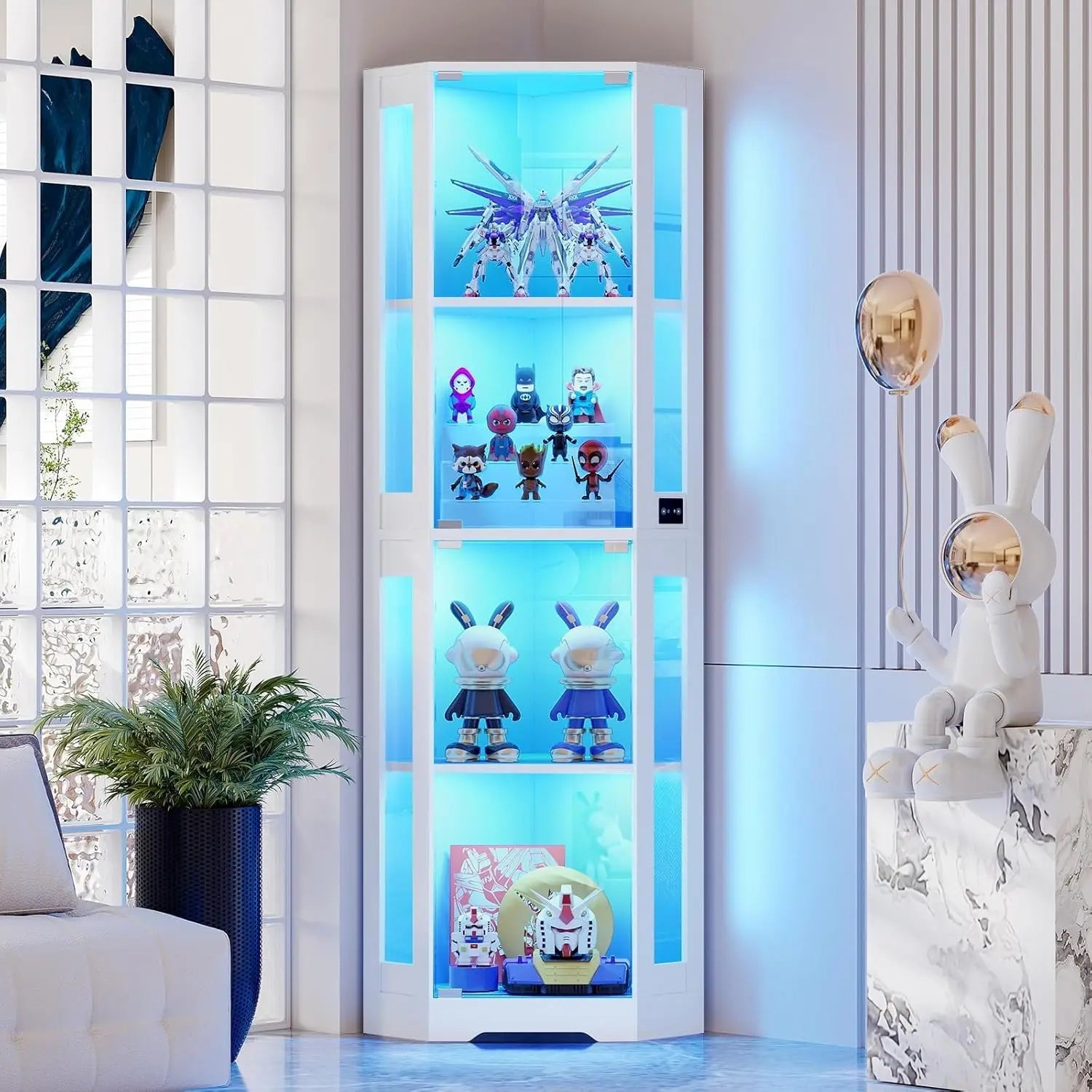 65" Corner Glass Display, LED Lights, 4-Tier, Glass Doors & Human Body Sensor