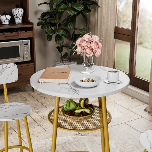 3 PC Dining Table and Chairs Set with 2 Stools Faux Marble Tabletop