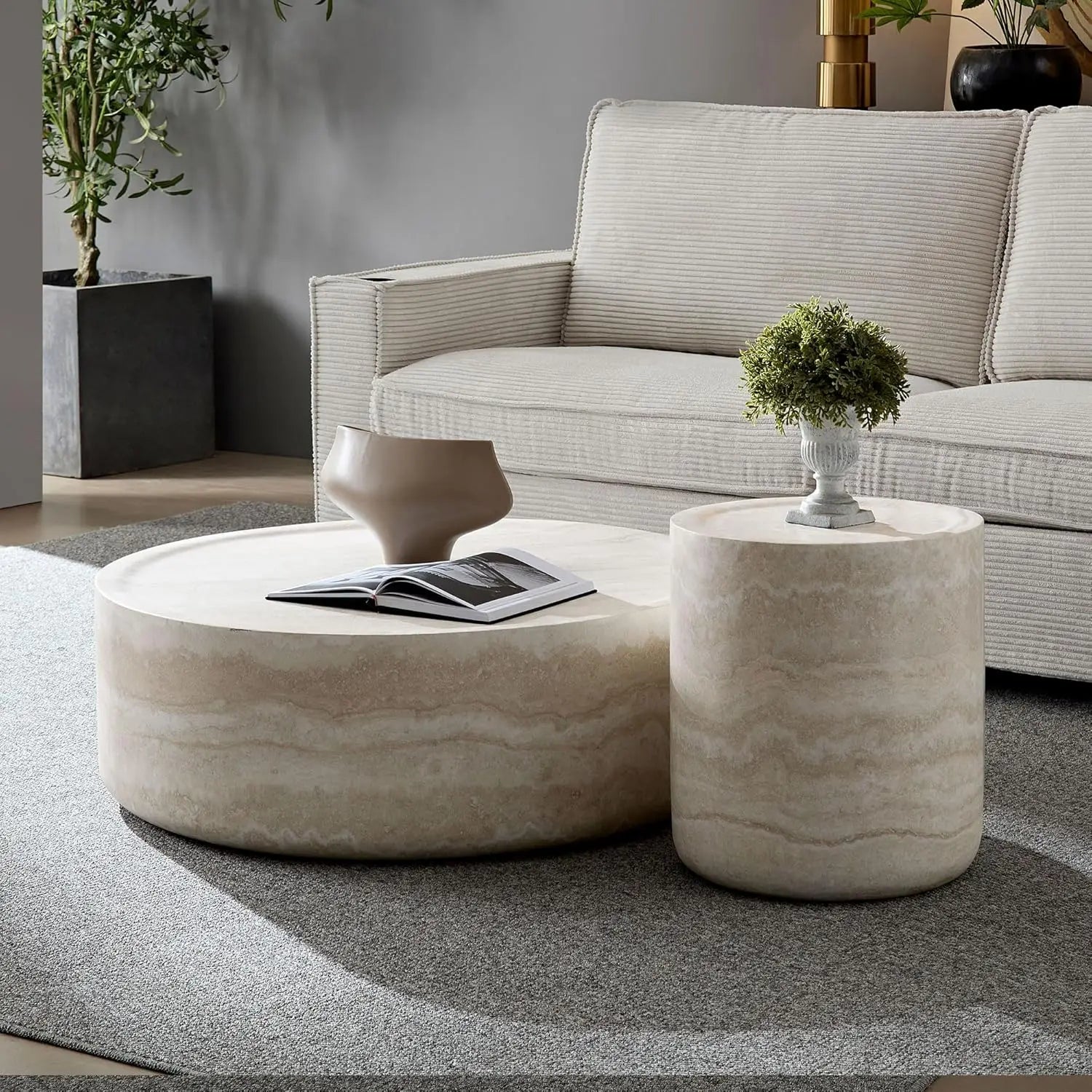 Set of 2 Round Coffee Table, Marble Grain Circke NestingTable