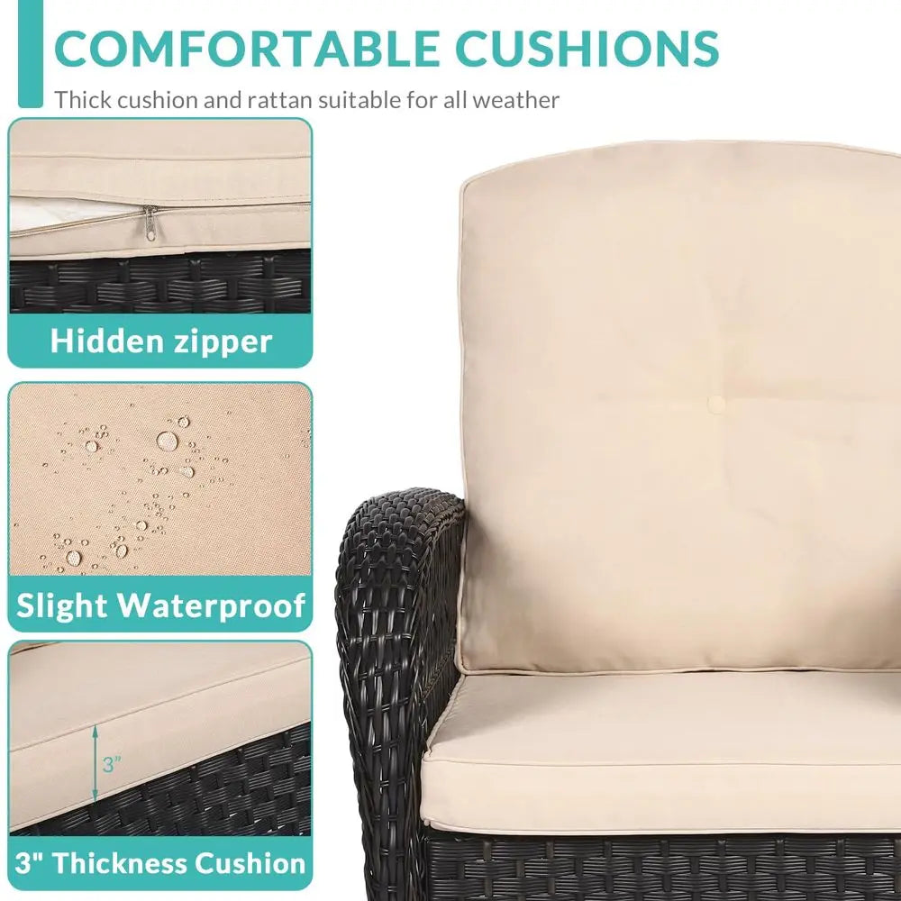 3-Piece Wicker Swivel Rocker Patio Set, Thickened Cushion, Glass Top Table