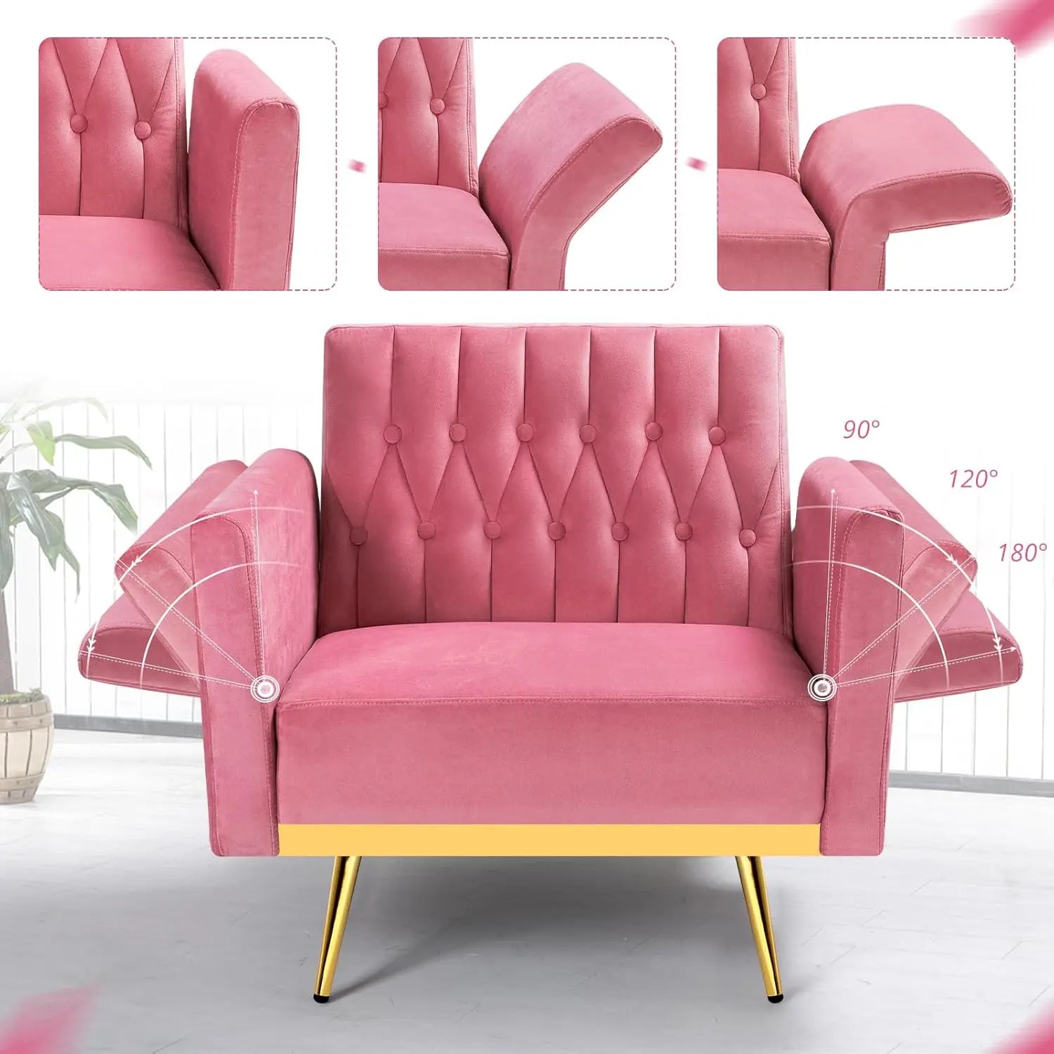 Velvet Recliner Chair Adjustable Armrests and Backrest, Button Tufted Chair