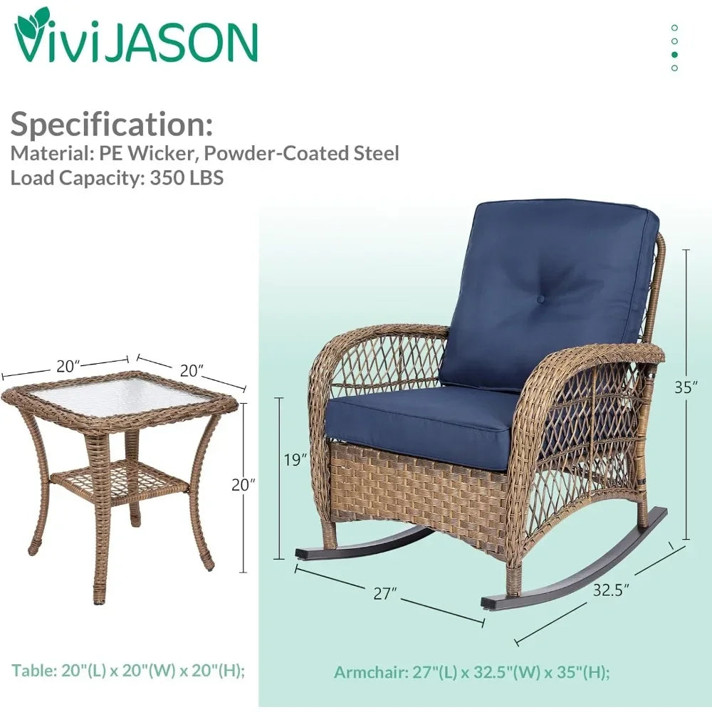 3-piece 2 rattan/wicker rocking chairs, cushions, glass table