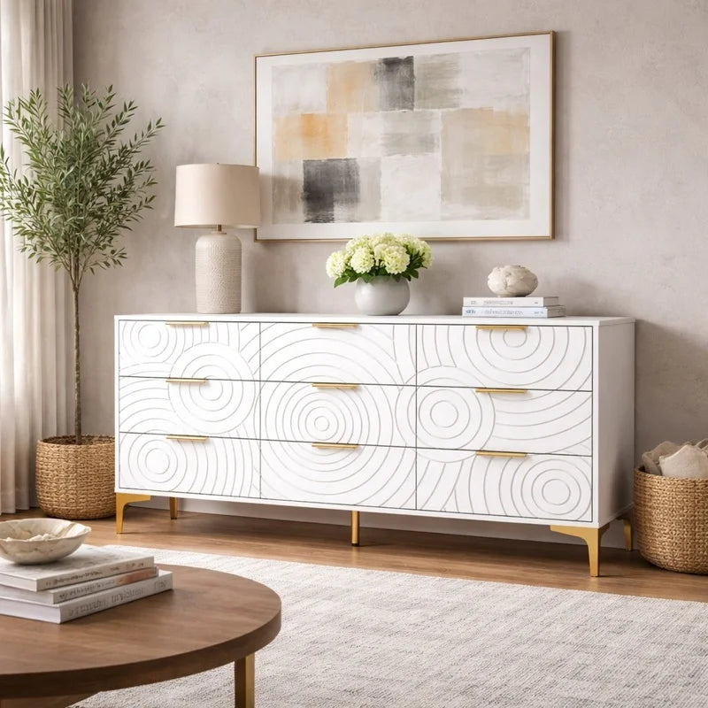 Modern White 9-Drawer Dresser, Metal Handles, Large Storage Chest