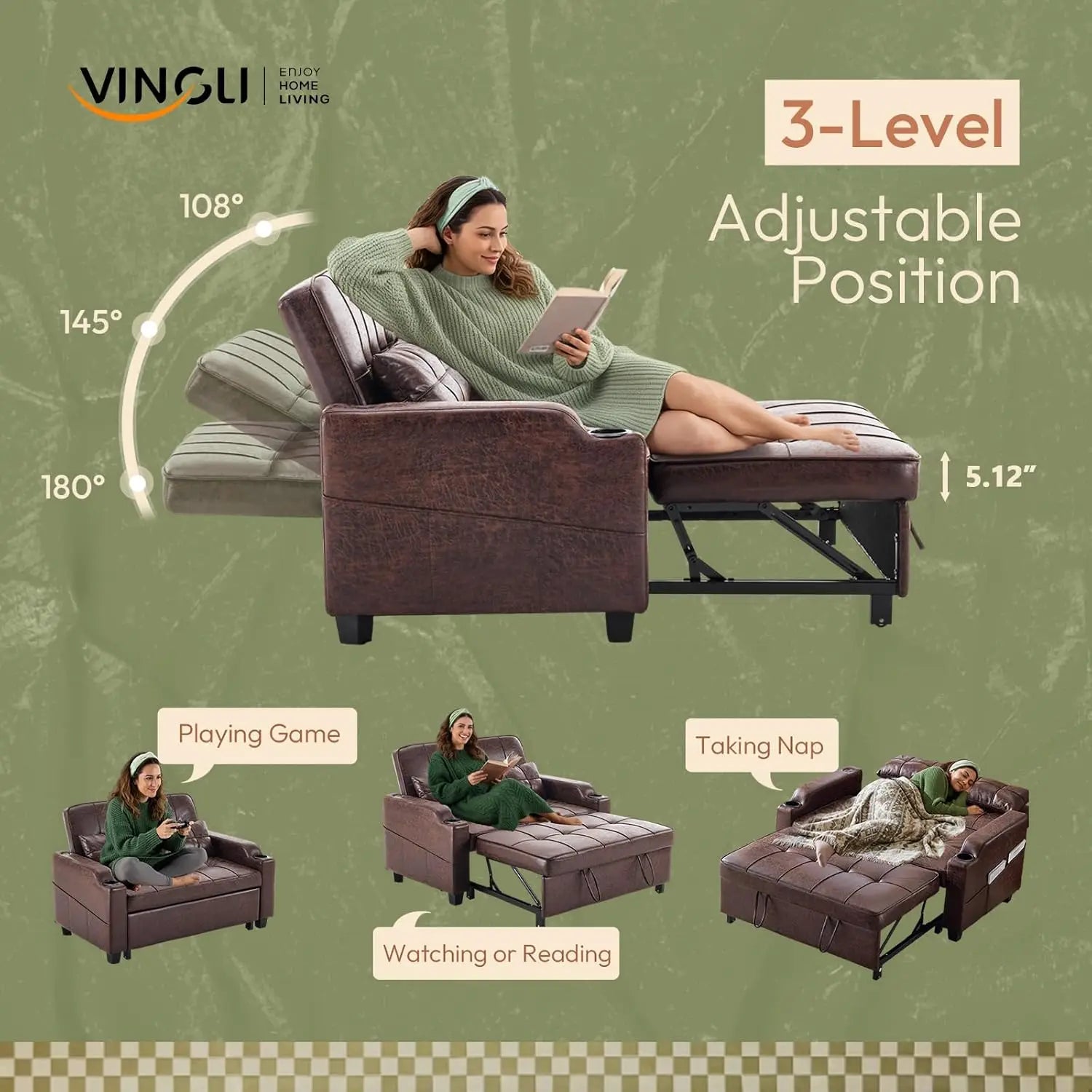Rustic Futon Convertible Loveseat Sleeper Sofa Couch, Pullout USB Ports