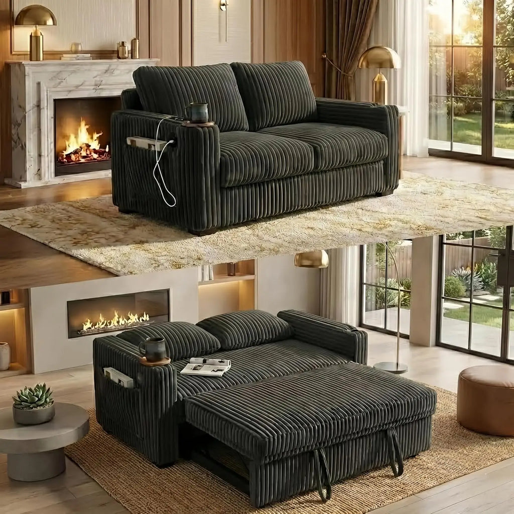 3-in-1 Sleeper Sofa Bed, 53'' Corduroy Loveseat Adjustment Backrest