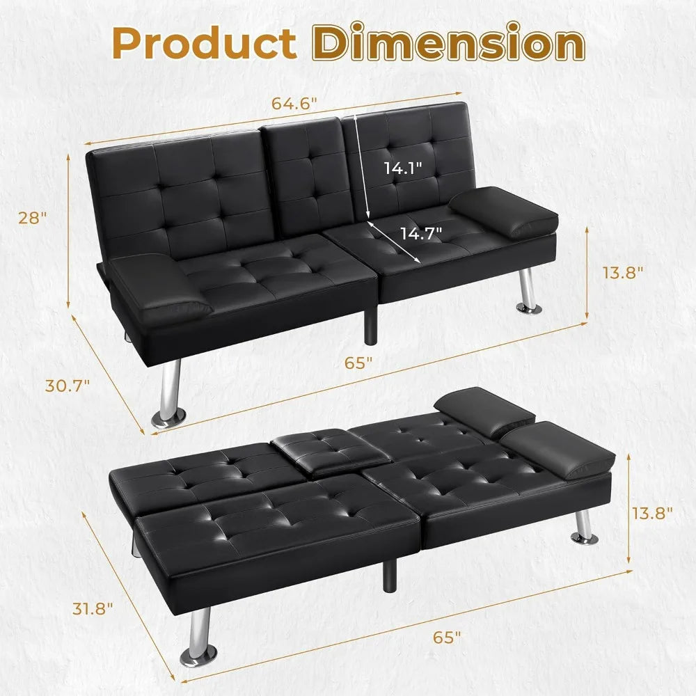 Futon Sofa Faux Leather Couch, Bed Recliner 2 Cup Holders